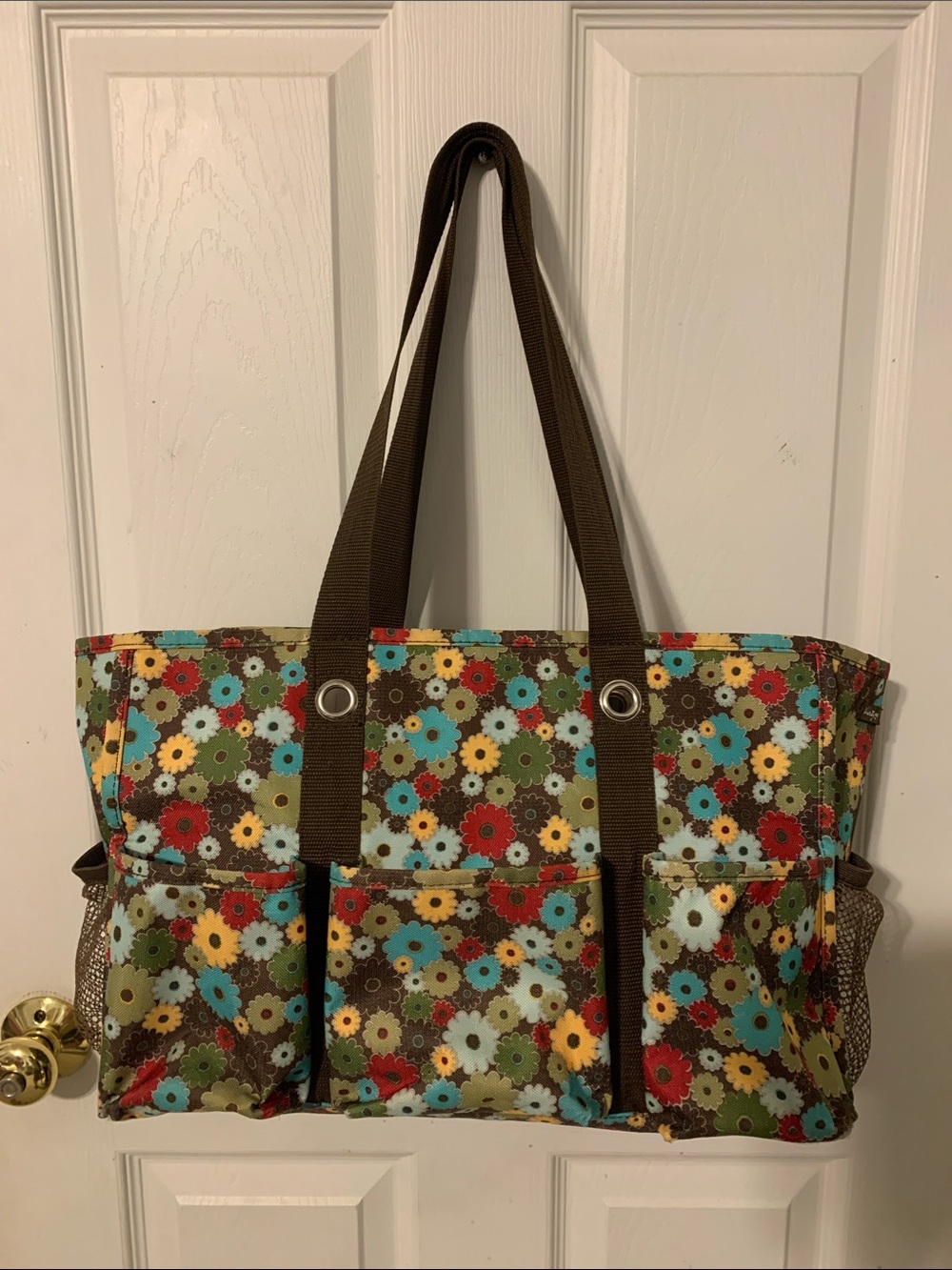 thirty-one Multicolor Floral Canvas Utility Tote with Brown Straps